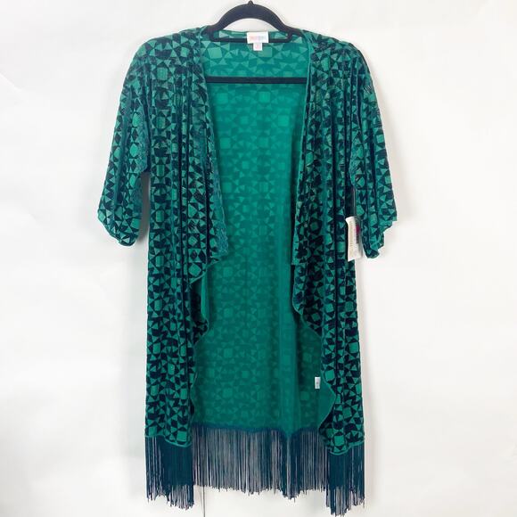Lularoe NWT Small Womens Emerald Green Monroe Velvet Fringe Boho Open Cardigan - Picture 1 of 8
